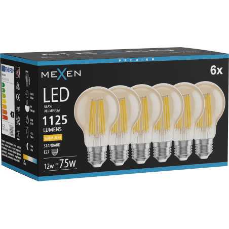 Mexen Vintis 6x Ampoule filament LED E27, A60, 12W, Chaude - 2700K, 1125 lm, ambre - L150-E27-1227-50x06