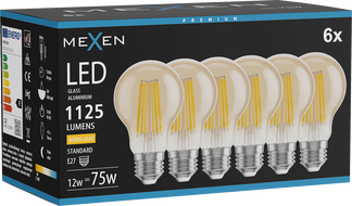 Mexen Vintis 6x Ampoule filament LED E27, A60, 12W, Chaude - 2700K, 1125 lm, ambre - L150-E27-1227-50x06
