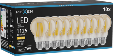 Mexen Vintis 10x Ampoule filament LED E27, A60, 12W, Chaude - 2700K, 1125 lm, ambre - L150-E27-1227-50x10