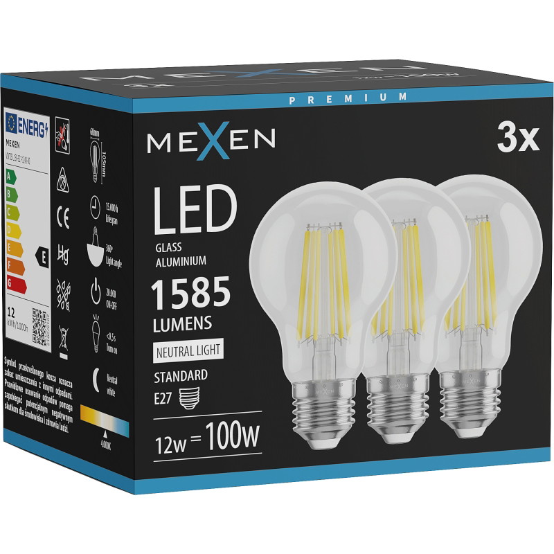 Mexen Vintis 3x Ampoule filament LED E27, A60, 12W, Neutre - 4000K, 1585 lm, transparent - L150-E27-1240-00x03
