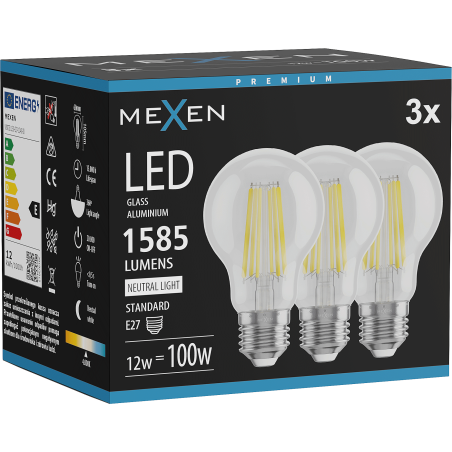 Mexen Vintis 3x Ampoule filament LED E27, A60, 12W, Neutre - 4000K, 1585 lm, transparent - L150-E27-1240-00x03