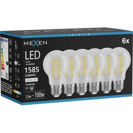 Mexen Vintis 6x Ampoule filament LED E27, A60, 12W, Neutre - 4000K, 1585 lm, clair - L150-E27-1240-00x06