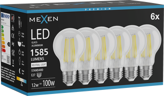 Mexen Vintis 6x Ampoule filament LED E27, A60, 12W, Neutre - 4000K, 1585 lm, clair - L150-E27-1240-00x06
