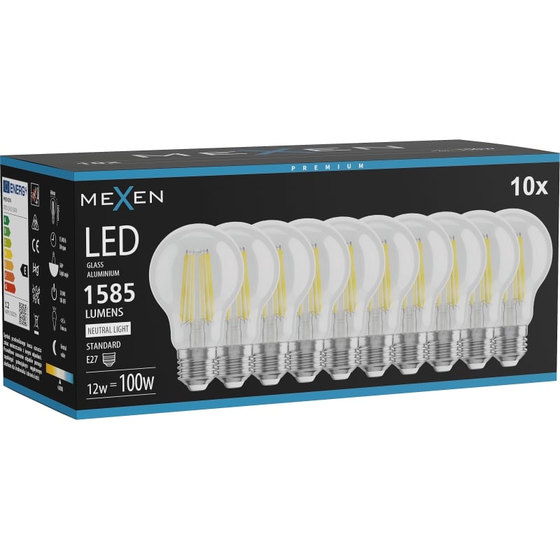 Mexen Vintis 10x Ampoule LED à filament E27, A60, 12W, Neutre - 4000K, 1585 lm, transparent - L150-E27-1240-00x10