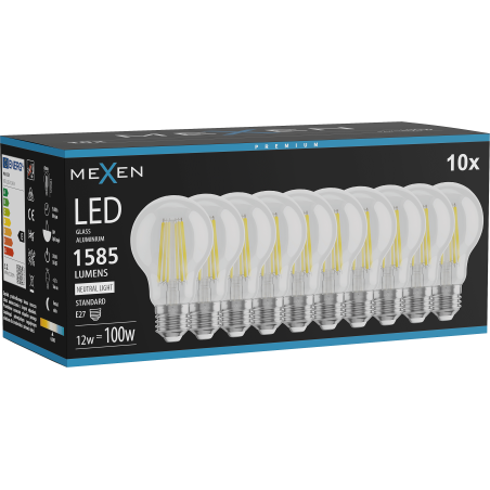 Mexen Vintis 10x Ampoule LED à filament E27, A60, 12W, Neutre - 4000K, 1585 lm, transparent - L150-E27-1240-00x10