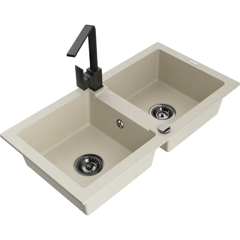 Mexen Mario évier en granit 2 cuves avec mitigeur de cuisine Rita, beige - 6504-69-670300-70