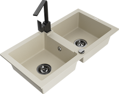 Mexen Mario évier en granit 2 bacs avec robinet de cuisine Rita, beige - 6504-69-670300-70