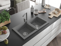 Mexen Mario évier en granit à 2 bacs avec robinet de cuisine Rita, gris - 6504-71-670300-71