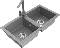 Mexen Mario évier en granit à 2 bacs avec robinet de cuisine Rita, gris - 6504-71-670300-71