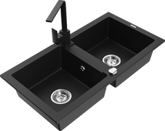 Mexen Mario évier en granit à 2 bacs avec mitigeur de cuisine Rita, noir - 6504-77-670300-70