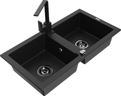 Mexen Mario évier en granit à 2 bacs avec robinet de cuisine Rita, noir - 6504-77-670300-70-B