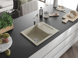 Mexen Enzo évier en granit 1 bac avec égouttoir et mitigeur Rita, beige - 6506-69-670300-00