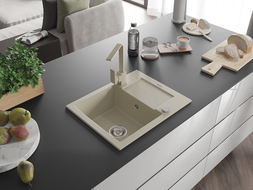 Mexen Enzo évier de cuisine en granit 1 bac avec égouttoir et robinet de cuisine Rita, beige - 6506-69-670300-69