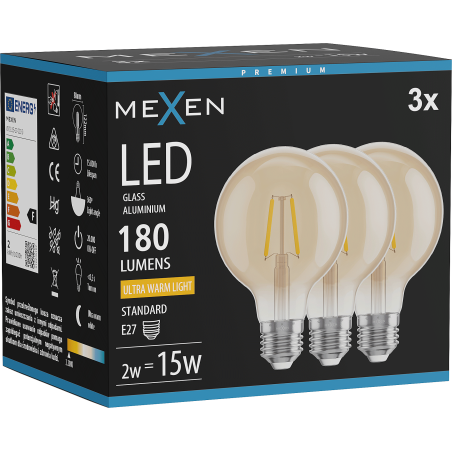 Mexen Vintis 3x Ampoule filament LED E27, G80, 2W, Chaude - 2200K, 180 lm, ambre - L155-E27-0222-50x03