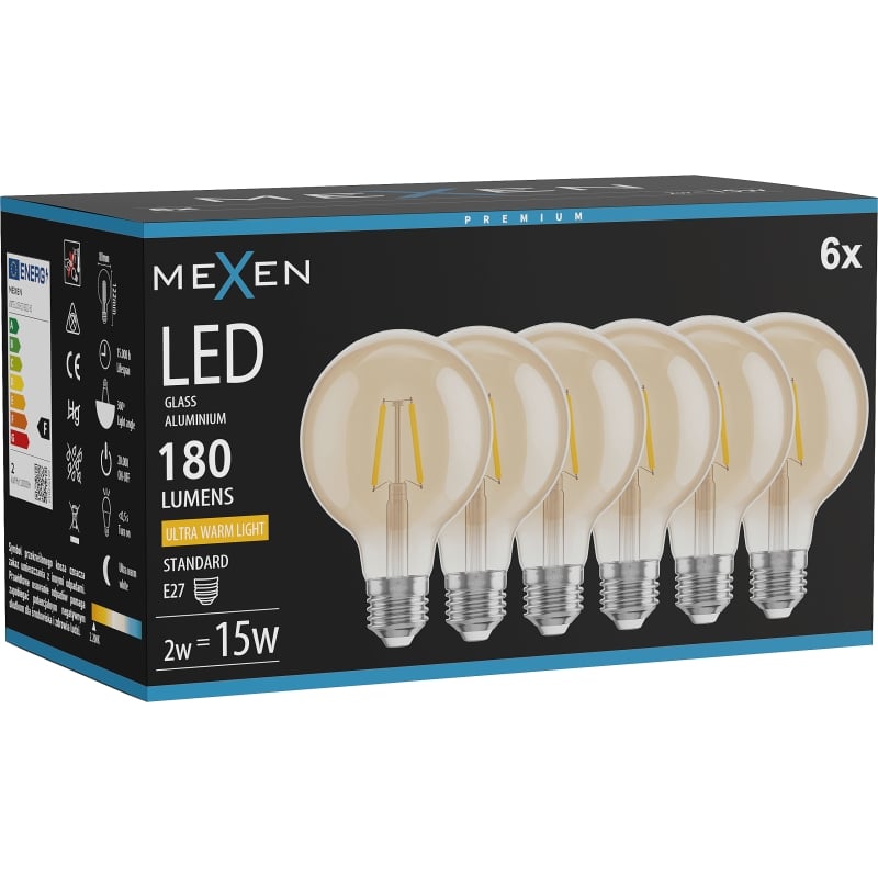 Mexen Vintis 6x Ampoule filament LED E27, G80, 2W, Chaude - 2200K, 180 lm, ambre - L155-E27-0222-50x06