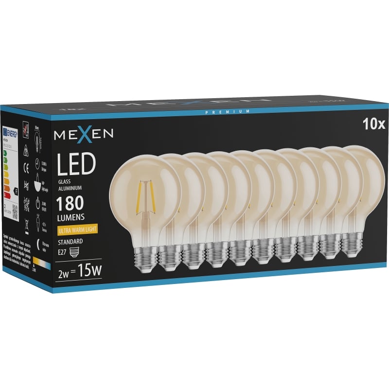 Mexen Vintis 10x Ampoule filament LED E27, G80, 2W, Chaude - 2200K, 180 lm, ambre - L155-E27-0222-50x10