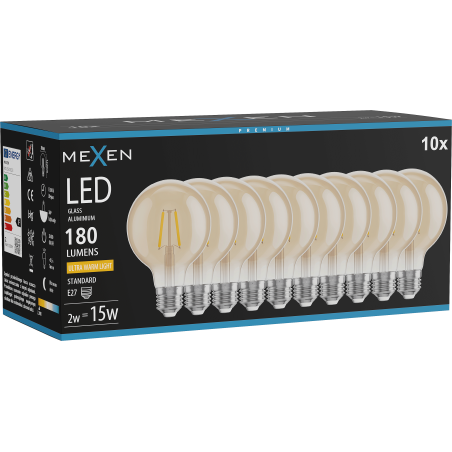 Mexen Vintis 10x Ampoule filament LED E27, G80, 2W, Chaude - 2200K, 180 lm, ambre - L155-E27-0222-50x10