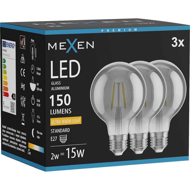 Mexen Vintis 3x Ampoule filament LED E27, G80, 2W, Chaude - 2200K, 150 lm, fumée - L155-E27-0222-70x03