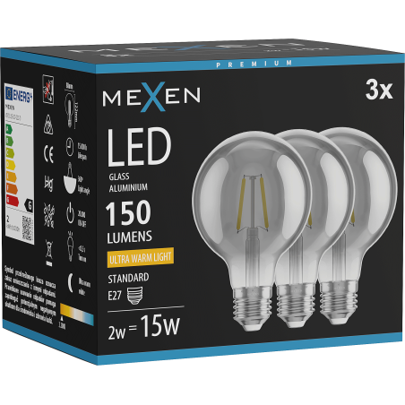Mexen Vintis 3x Ampoule filament LED E27, G80, 2W, Chaude - 2200K, 150 lm, fumée - L155-E27-0222-70x03