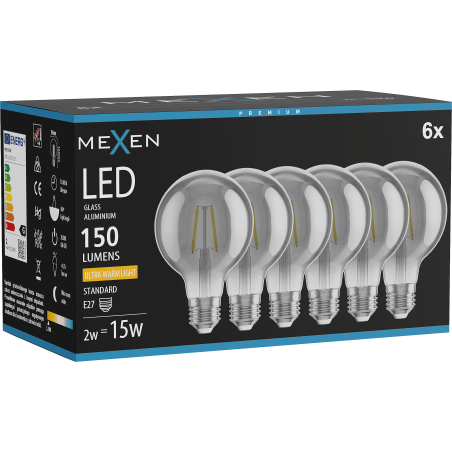 Mexen Vintis 6x Ampoule à filament LED E27, G80, 2W, Chaude - 2200K, 150 lm, fumée - L155-E27-0222-70x06