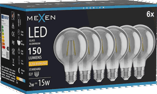 Mexen Vintis 6x Ampoule à filament LED E27, G80, 2W, Chaude - 2200K, 150 lm, fumée - L155-E27-0222-70x06