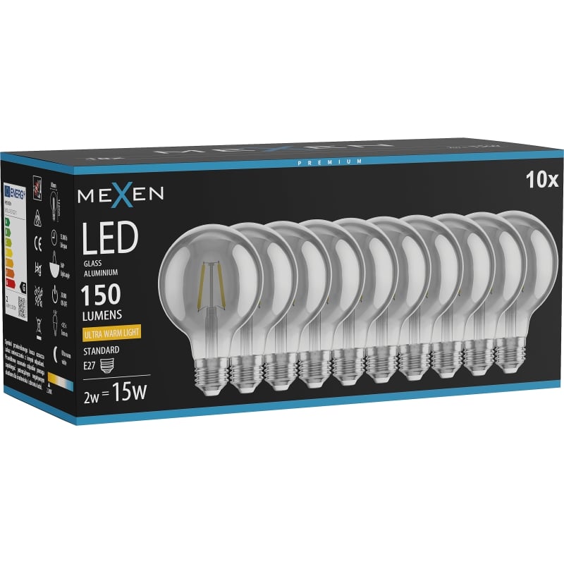 Mexen Vintis 10x Ampoule filament LED E27, G80, 2W, Chaude - 2200K, 150 lm, fumée - L155-E27-0222-70x10