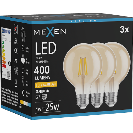 Mexen Vintis 3x Ampoule filament LED E27, G80, 4W, Chaude - 2200K, 400 lm, ambre - L155-E27-0422-50x03