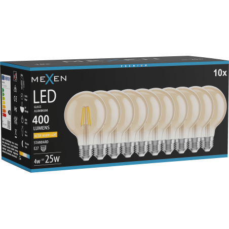 Mexen Vintis 10x Ampoule filament LED E27, G80, 4W, Chaude - 2200K, 400 lm, ambre - L155-E27-0422-50x10