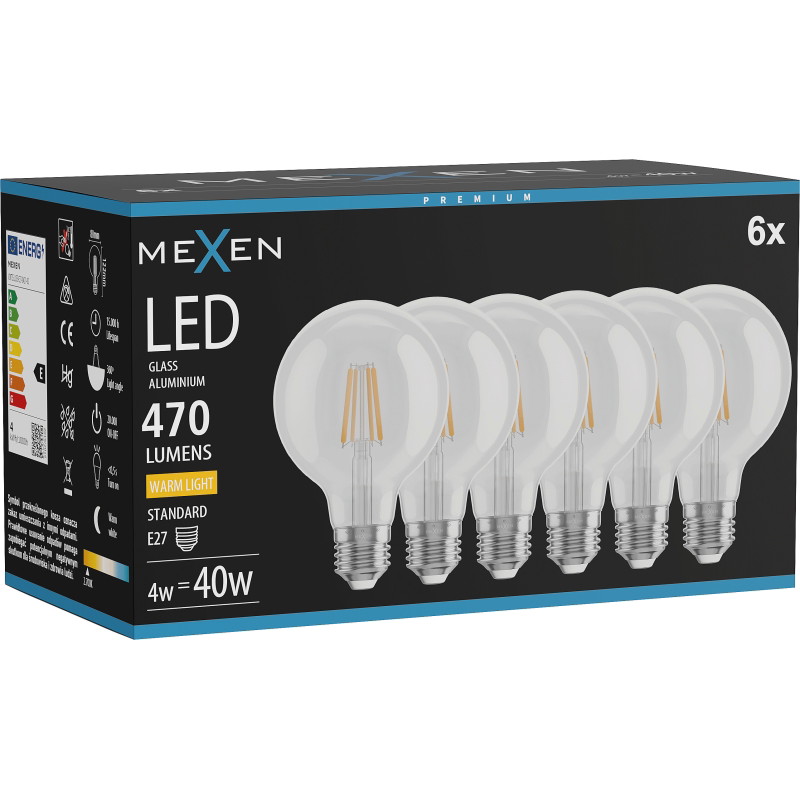 Mexen Vintis 6x Ampoule à filament LED E27, G80, 4W, Chaude - 2700K, 470 lm, claire - L155-E27-0427-00x06