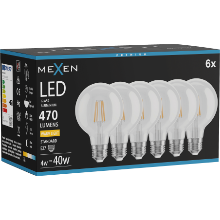 Mexen Vintis 6x Ampoule à filament LED E27, G80, 4W, Chaude - 2700K, 470 lm, claire - L155-E27-0427-00x06