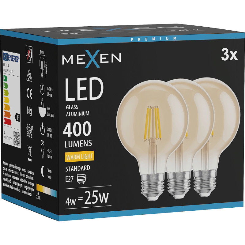 Mexen Vintis 3x Ampoule filament LED E27, G80, 4W, Chaude - 2700K, 400 lm, ambre - L155-E27-0427-50x03