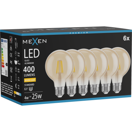 Mexen Vintis 6x Ampoule filament LED E27, G80, 4W, Chaude - 2700K, 400 lm, ambre - L155-E27-0427-50x06