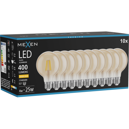 Mexen Vintis 10x Ampoule filament LED E27, G80, 4W, Chaude - 2700K, 400 lm, ambre - L155-E27-0427-50x10