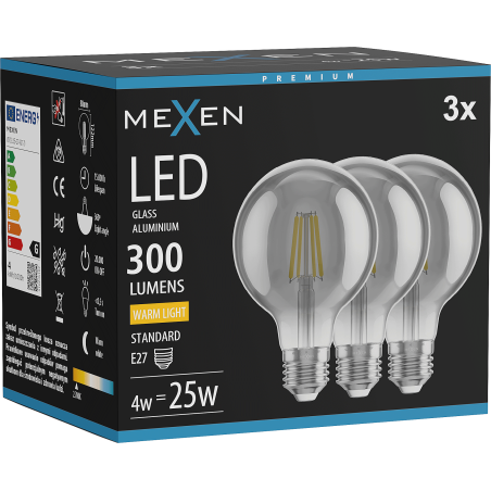 Mexen Vintis 3x Ampoule filament LED E27, G80, 4W, Chaude - 2700K, 300 lm, fumée - L155-E27-0427-70x03
