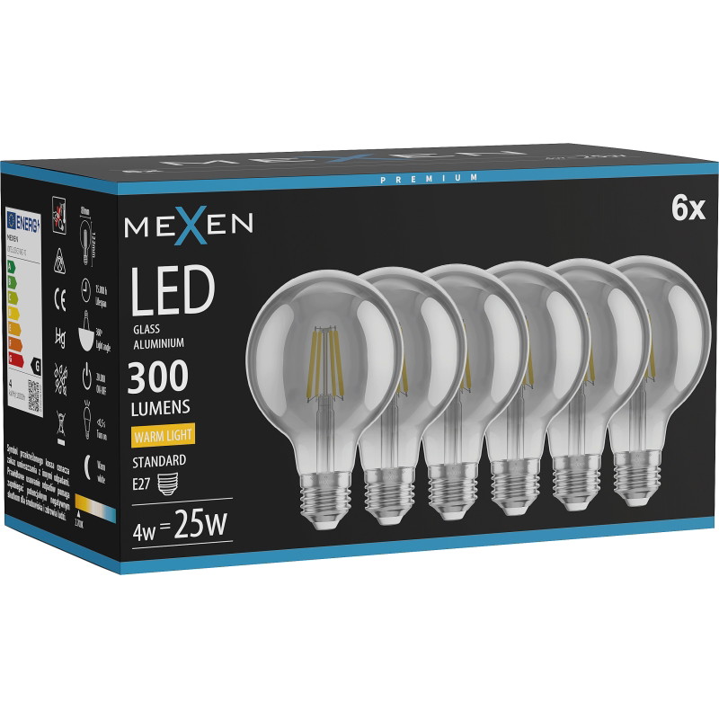 Mexen Vintis 6x Ampoule filament LED E27, G80, 4W, Chaude - 2700K, 300 lm, fumée - L155-E27-0427-70x06