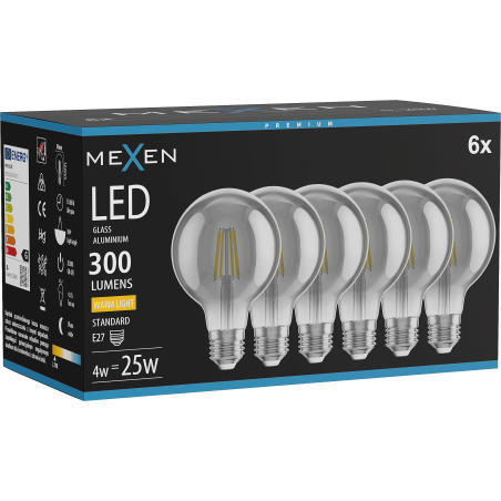 Mexen Vintis 6x Ampoule filament LED E27, G80, 4W, Chaude - 2700K, 300 lm, fumée - L155-E27-0427-70x06