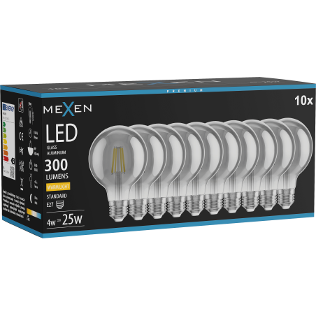 Mexen Vintis 10x Ampoule à filament LED E27, G80, 4W, Chaud - 2700K, 300 lm, fumée - L155-E27-0427-70x10