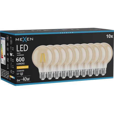 Mexen Vintis 10x Ampoule filament LED E27, G80, 6W, Chaude - 2200K, 600 lm, ambre - L155-E27-0622-50x10