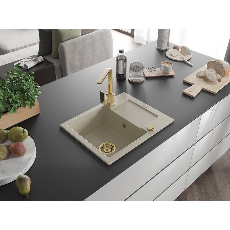 Mexen Enzo évier en granit 1 bac avec égouttoir et robinet de cuisine Rita, beige - 6506-69-670300-50