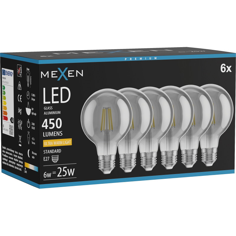 Mexen Vintis 6x Ampoule filament LED E27, G80, 6W, Chaude - 2200K, 450 lm, fumée - L155-E27-0622-70x06