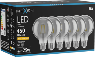 Mexen Vintis 6x Ampoule filament LED E27, G80, 6W, Chaude - 2200K, 450 lm, fumée - L155-E27-0622-70x06
