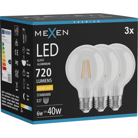 Mexen Vintis 3x Ampoule filament LED E27, G80, 6W, Chaude - 2700K, 720 lm, clair - L155-E27-0627-00x03