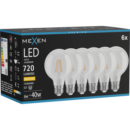 Mexen Vintis 6x Ampoule à filament LED E27, G80, 6W, Chaude - 2700K, 720 lm, claire - L155-E27-0627-00x06