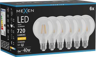 Mexen Vintis 6x Ampoule à filament LED E27, G80, 6W, Chaude - 2700K, 720 lm, claire - L155-E27-0627-00x06