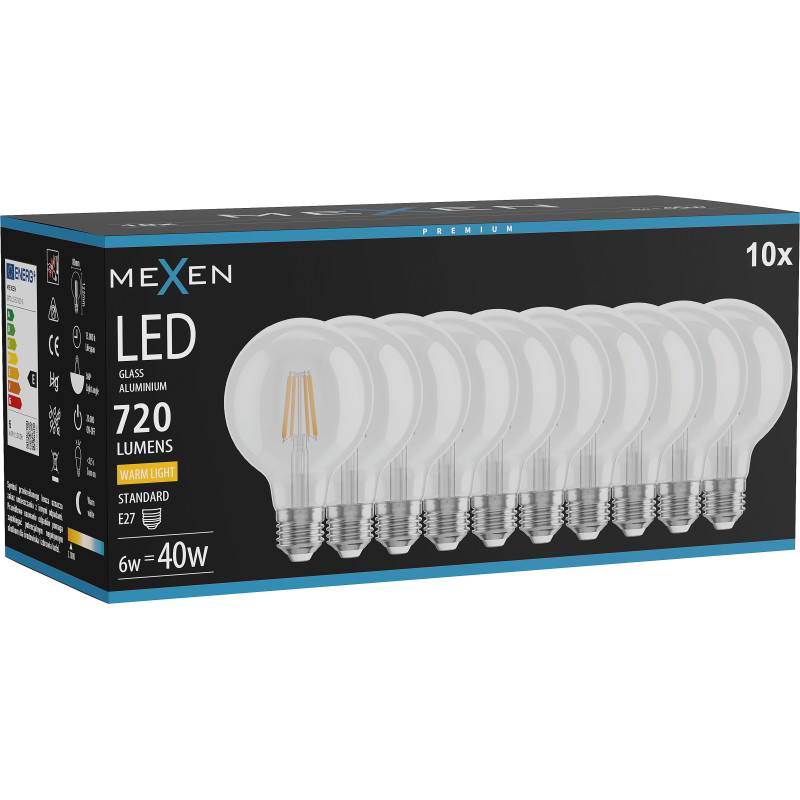 Mexen Vintis 10x Ampoule filament LED E27, G80, 6W, Chaude - 2700K, 720 lm, transparente - L155-E27-0627-00x10