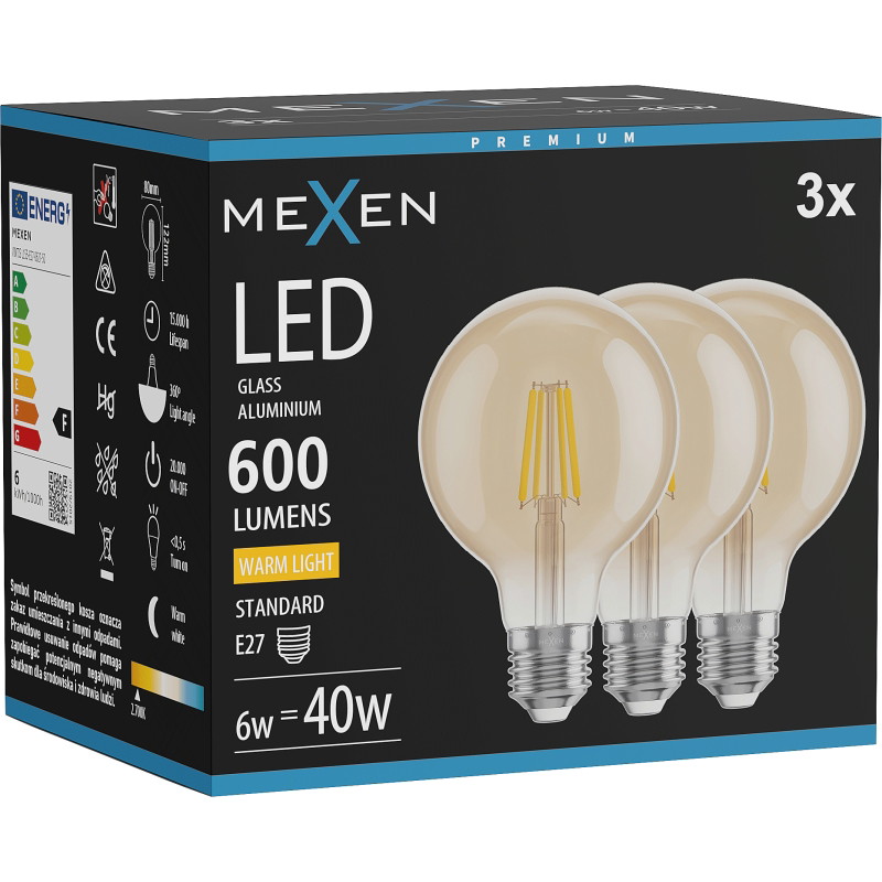 Mexen Vintis 3x Ampoule filament LED E27, G80, 6W, Chaude - 2700K, 400 lm, ambre - L155-E27-0627-50x03