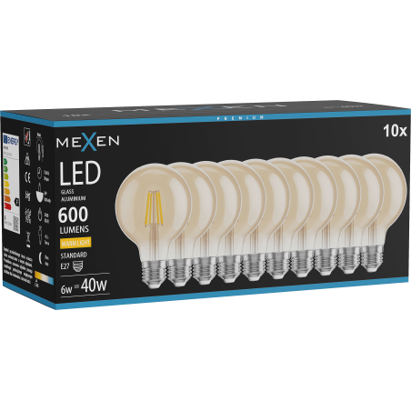 Mexen Vintis 10x Ampoule filament LED E27, G80, 6W, Chaude - 2700K, 400 lm, ambre - L155-E27-0627-50x10