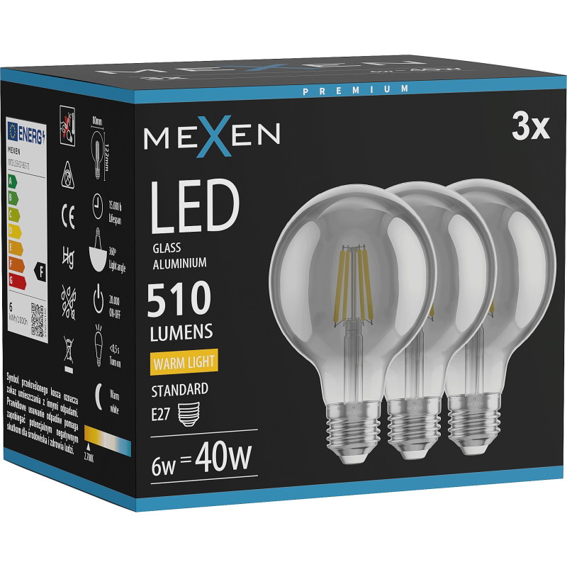 Mexen Vintis 3x Ampoule filament LED E27, G80, 6W, Chaud - 2700K, 510 lm, fumée - L155-E27-0627-70x03