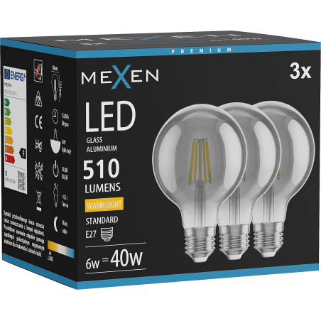 Mexen Vintis 3x Ampoule filament LED E27, G80, 6W, Chaud - 2700K, 510 lm, fumée - L155-E27-0627-70x03