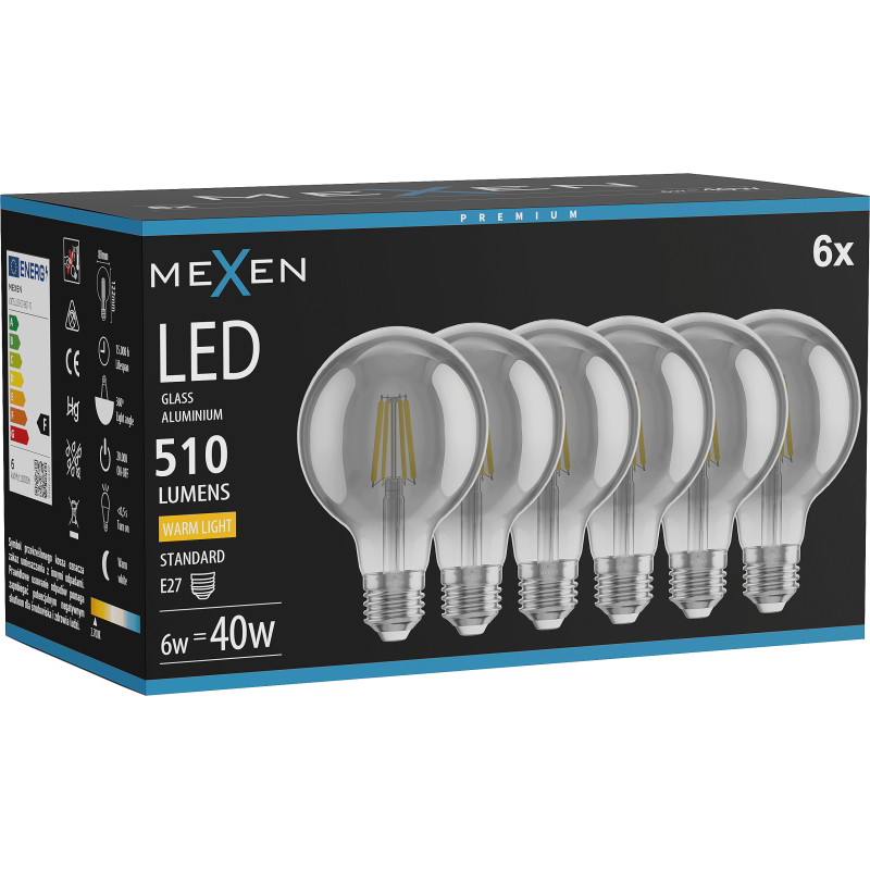 Mexen Vintis 6x Ampoule filament LED E27, G80, 6W, Chaude - 2700K, 510 lm, fumée - L155-E27-0627-70x06